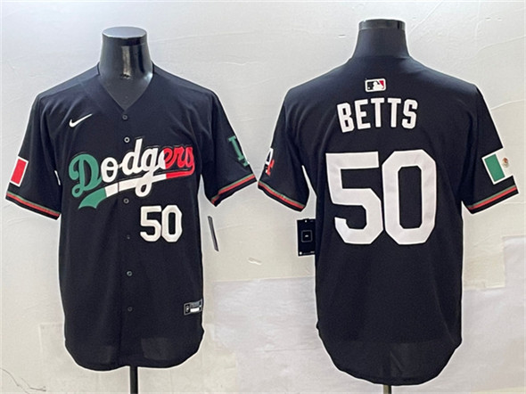 Men's Los Angeles Dodgers 50 Mookie Betts Black Mexico Flag Limited Stitched Baseball Jersey