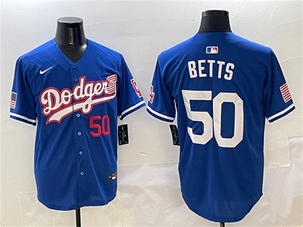 Men's Los Angeles Dodgers 50 Mookie Betts Royal With American Flag Patch Limited Stitched Baseball Jersey