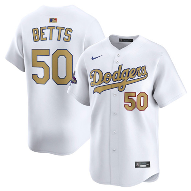 Men's Los Angeles Dodgers 50 Mookie Betts White 2025 Gold Collection Limited Stitched Baseball Jersey