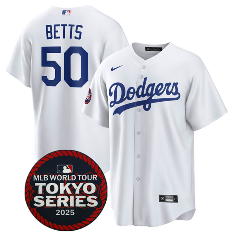 Men's Los Angeles Dodgers 50 Mookie Betts White 2025 World Tour Tokyo Series Home Stitched Baseball Jersey