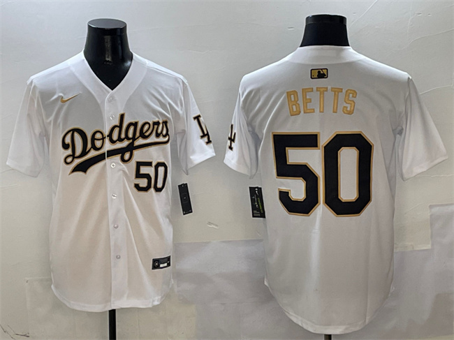 Men's Los Angeles Dodgers 50 Mookie Betts White Gold Limited Stitched Baseball Jersey