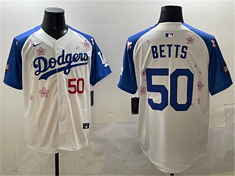 Men's Los Angeles Dodgers 50 Mookie Betts White Royal 2025 Tokyo Series Limited Stitched Baseball Jersey
