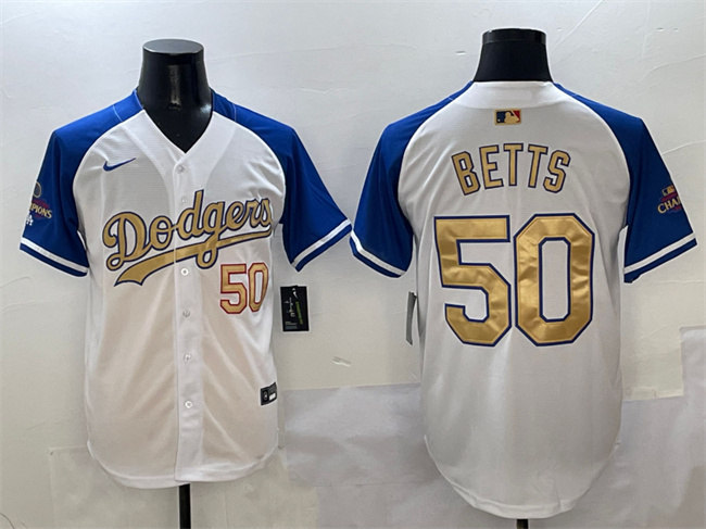 Men's Los Angeles Dodgers 50 Mookie Betts White Royal Gold 2024 World Series Champions Vapor Limited Stitched Baseball Jersey