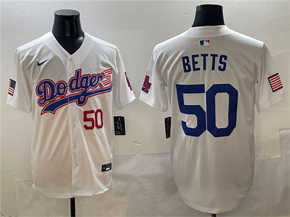 Men's Los Angeles Dodgers 50 Mookie Betts White With American Flag Patch Limited Stitched Baseball Jersey
