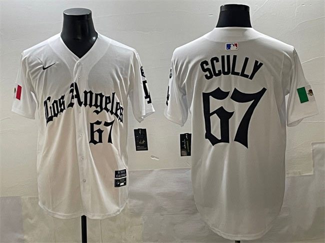 Men's Los Angeles Dodgers 67 Vin Scully White Mexico 2025 LA Gothic Style With Fernando Patch Vapor Premier Limited Stitched Baseball Jersey
