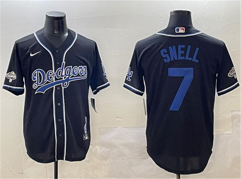 Men's Los Angeles Dodgers 7 Blake Snell Black 2024 World Series Champions Cool Base Stitched Baseball Jersey