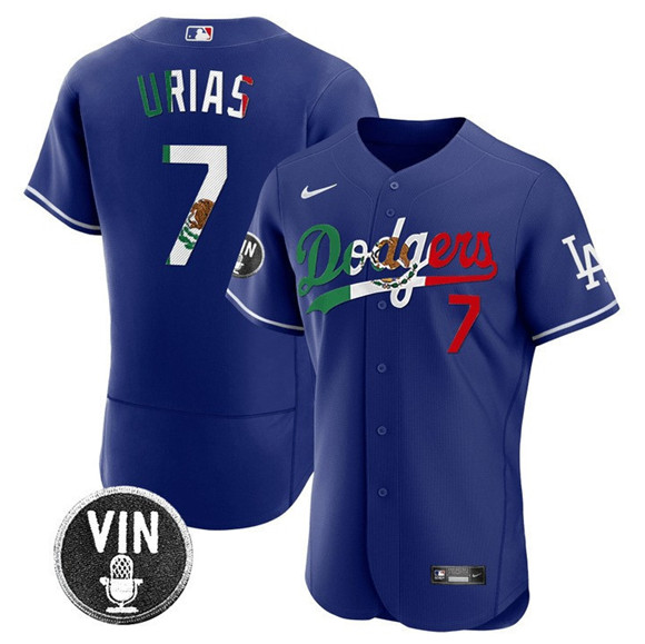 Men's Los Angeles Dodgers 7 Julio Urias Royal Mexico Special Vin Scully Patch Flex Base Stitched Baseball Jersey