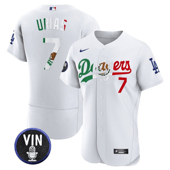 Men's Los Angeles Dodgers 7 Julio Urias White Mexico Special Vin Scully Patch Flex Base Stitched Baseball Jersey