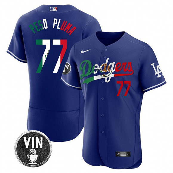 Men's Los Angeles Dodgers 77 Pezo Pluma Royal Mexico Special Vin Scully Patch Flex Base Stitched Baseball Jersey