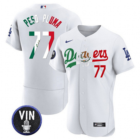 Men's Los Angeles Dodgers 77 Pezo Pluma White Mexico Special Vin Scully Patch Flex Base Stitched Baseball Jersey