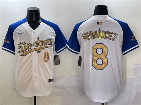 Men's Los Angeles Dodgers 8 Enrique Hernandez White Royal Gold 2024 World Series Champions Vapor Limited Stitched Baseball Jersey