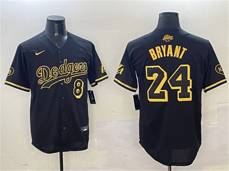 Men's Los Angeles Dodgers Front 8 Back 24 Kobe Bryant Black Gold Stitched Jersey