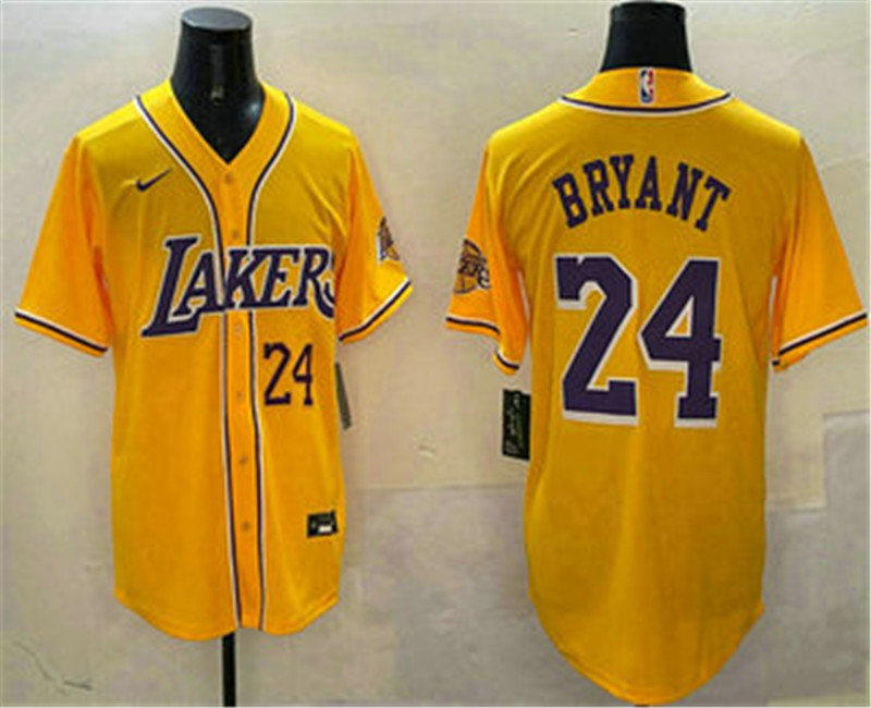 Men's Los Angeles Lakers 24 Kobe Bryant Number Yellow Purple With Patch Cool Base Stitched Baseball Jersey