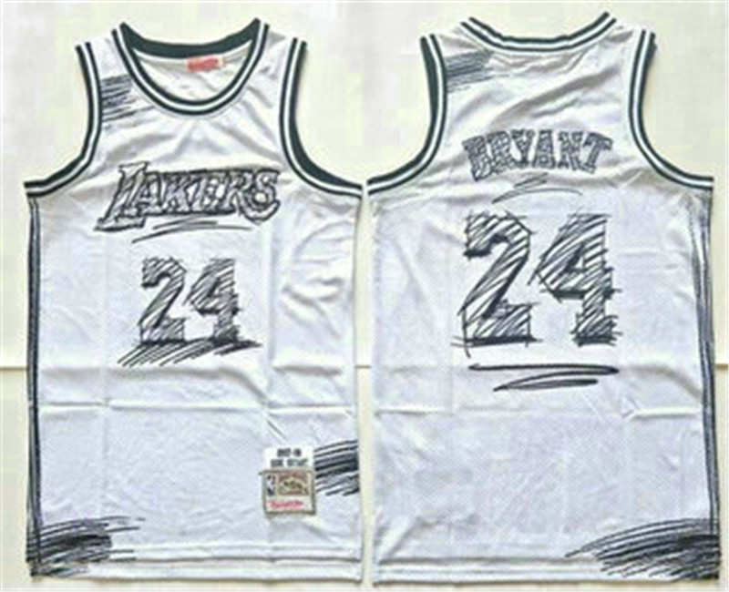 Men's Los Angeles Lakers 24 Kobe Bryant White Sketch Swingman Jersey