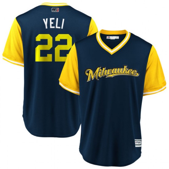 Men's Majestic Christian Yelich Milwaukee Brewers Yellow YELI Navy 2018 Players Weekend Cool Base Jersey