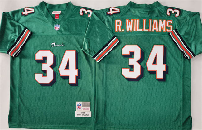 Men's Miami Dolphins 34 Ricky Williams Aqua Throwback Stitched Football Jersey
