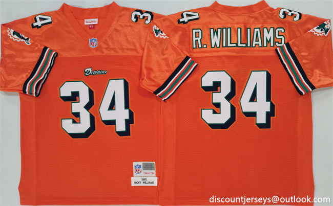 Men's Miami Dolphins 34 Ricky Williams Orange Throwback Stitched Football Jersey