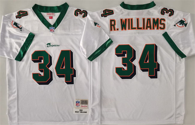 Men's Miami Dolphins 34 Ricky Williams White Throwback Stitched Football Jersey