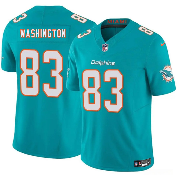 Men's Miami Dolphins 83 Tahj Washington Aqua 2025 Draft F.U.S.E. Vapor Limited Football Stitched Jersey