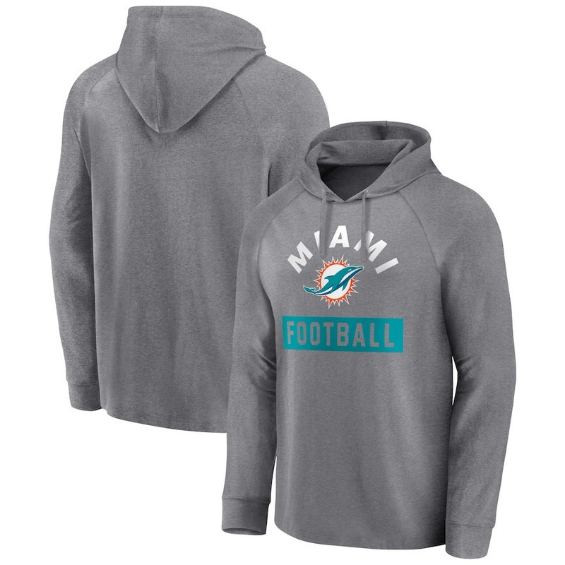 Men's Miami Dolphins Fanatics Branded Heathered Gray No Time Off Raglan Pullover Hoodie