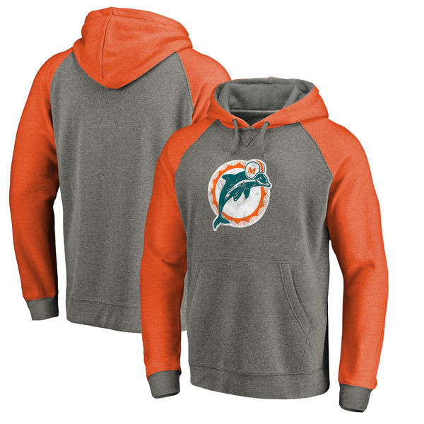 Men's Miami Dolphins NFL Pro Line by Fanatics Branded Gray Orange Throwback Logo Big Tall Tri Blend Raglan Pullover Hoodie