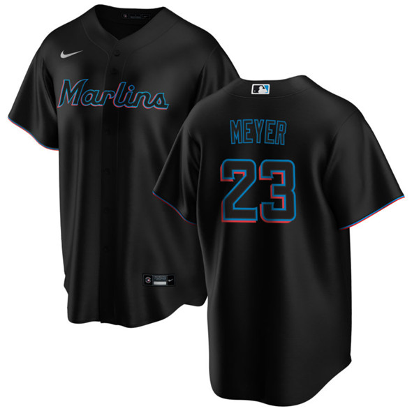 Men's Miami Marlins 23 Max Meyer Black Cool Base Stitched Baseball Jersey