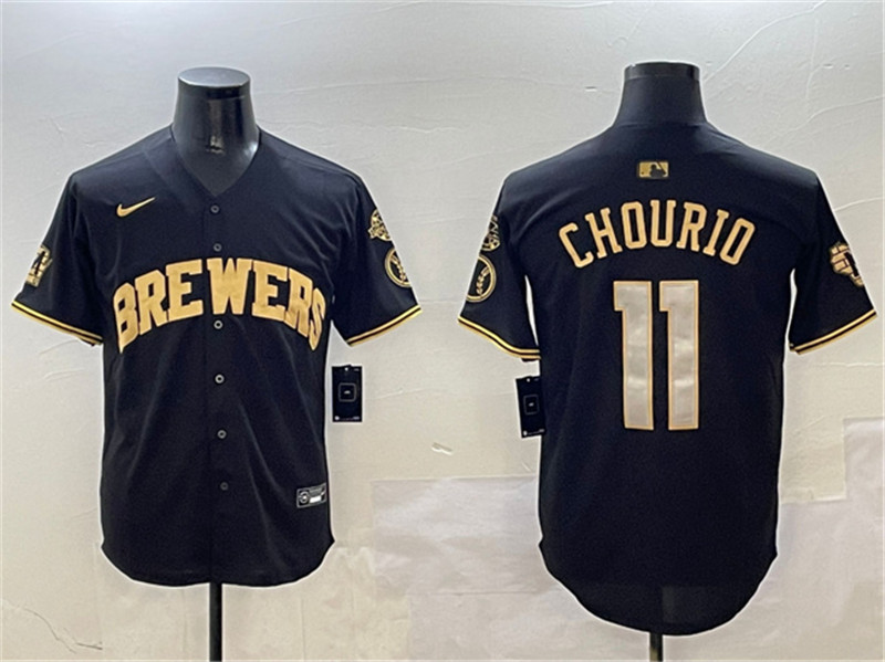 Men's Milwaukee Brewers 11 Jackson Chourio Black Gold With Home Patch Limited Stitched Baseball Jersey
