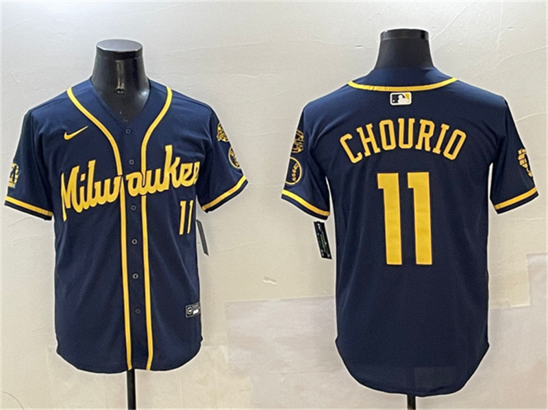 Men's Milwaukee Brewers 11 Jackson Chourio Navy With Home Patch Limited Stitched Baseball Jersey