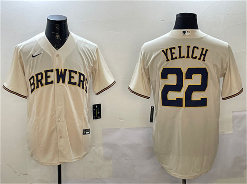 Men's Milwaukee Brewers 22 Christian Yelich Cream Cool Base Stitched Jersey