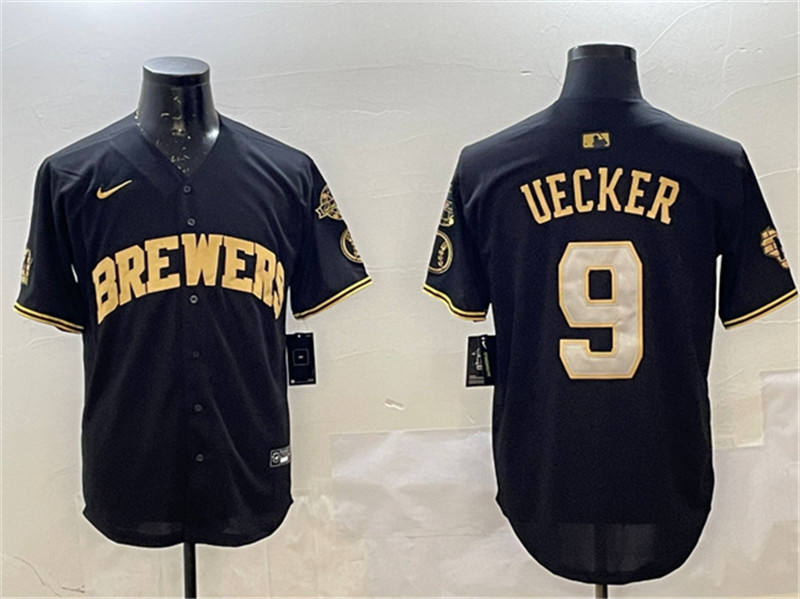 Men's Milwaukee Brewers 9 Bob Uecker Black Gold With Home Patch Limited Stitched Baseball Jersey
