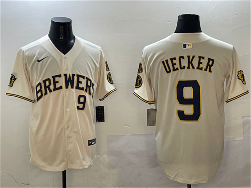 Men's Milwaukee Brewers 9 Bob Uecker Cream With Home Patch Limited Stitched Baseball Jersey