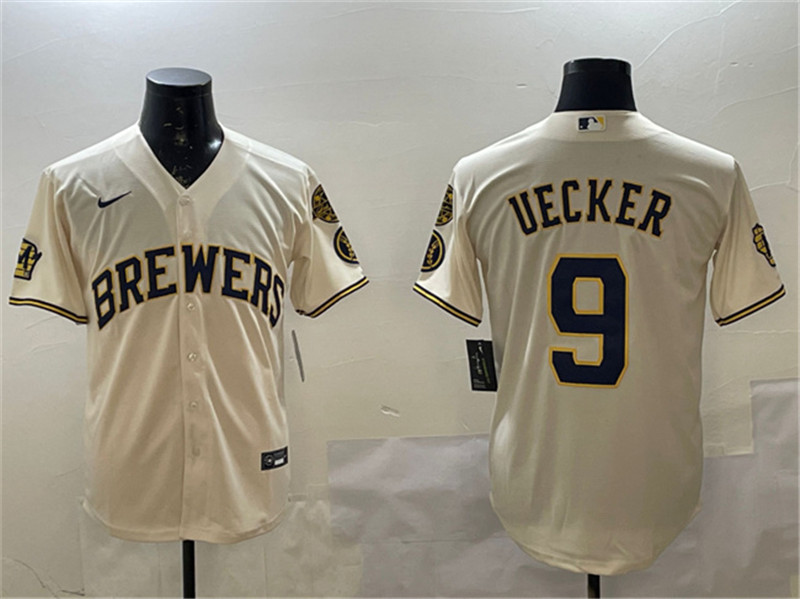 Men's Milwaukee Brewers 9 Bob Uecker Cream With Home Patch Stitched Baseball Jersey