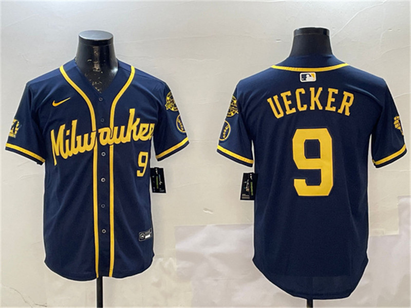 Men's Milwaukee Brewers 9 Bob Uecker Navy With Home Patch Limited Stitched Baseball Jersey
