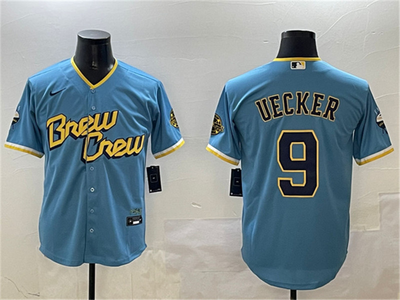 Men's Milwaukee Brewers 9 Bob Uecker Powder Blue City Connect With Patch Cool Base Stitched Jersey