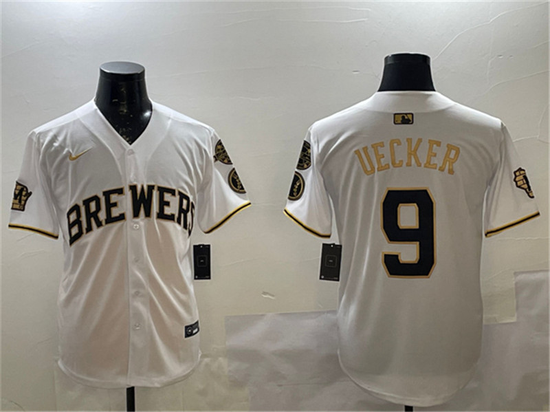 Men's Milwaukee Brewers 9 Bob Uecker White Gold With Home Patch Limited Stitched Baseball Jersey