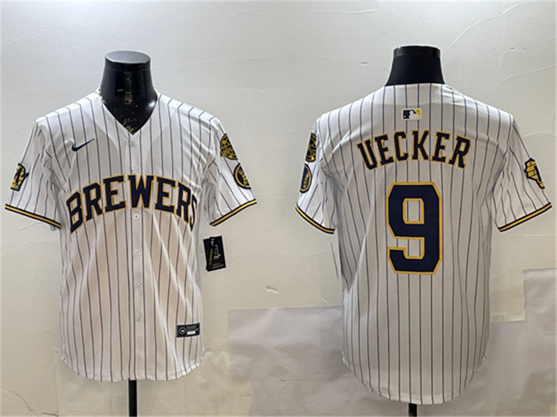 Men's Milwaukee Brewers 9 Bob Uecker White With Home Patch Limited Stitched Baseball Jersey