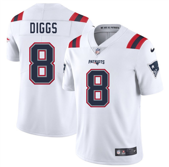 Men's New England Patriots 8 Stefon Diggs White 2025 Vapor Limited Football Stitched Jersey