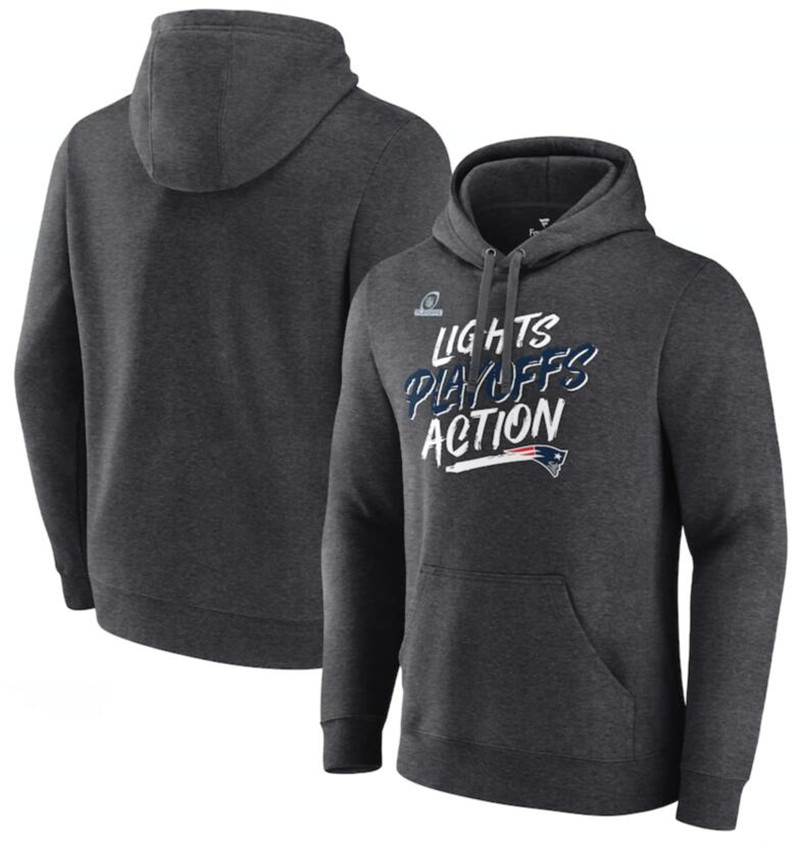 Men's New England Patriots Fanatics Branded Heathered Charcoal 2021 NFL Playoffs Bound Lights Action Pullover Hoodie