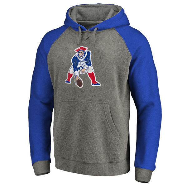 Men's New England Patriots NFL Pro Line by Fanatics Branded Gray Royal Throwback Logo Big Tall Tri Blend Raglan Pullover Hoodie