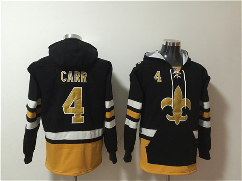 Men's New Orleans Saints 4 Derek Carr Black Ageless Must Have Lace Up Pullover Hoodie