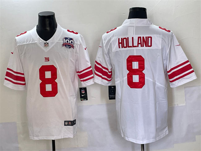 Men's New York Giants 8 Jevon Holland White 2025 With 100th Season Patch Vapor Untouchable Limited Stitched Jersey