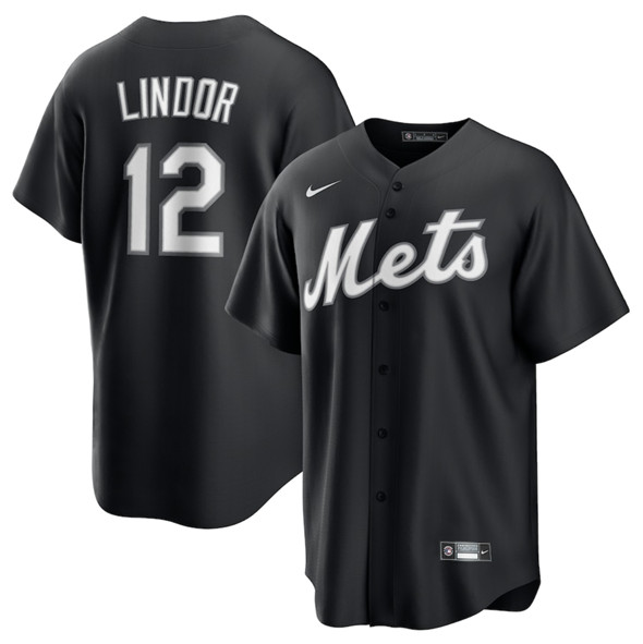 Men's New York Mets 12 Francisco Lindor Black Lights Out Limited Stitched Baseball Jersey