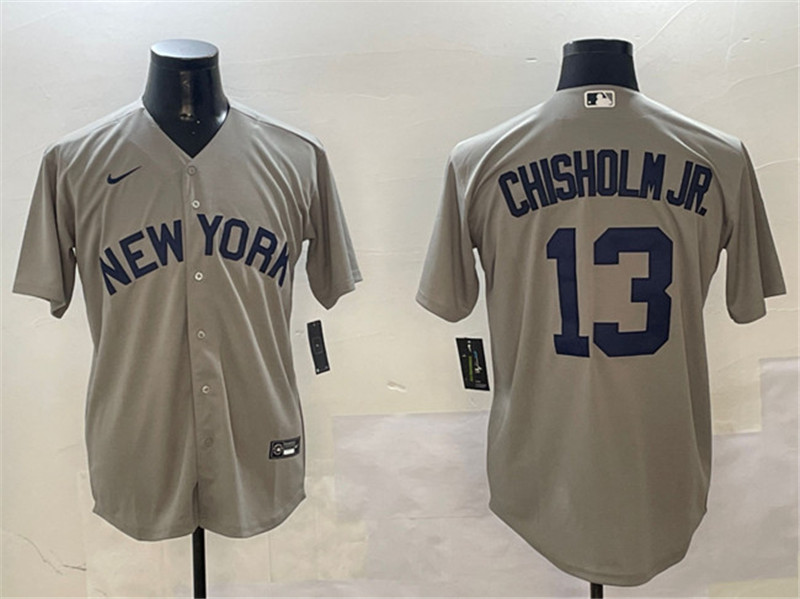 Men's New York Yankees 13 Jazz Chisholm Jr. Grey Cool Base Stitched Baseball Jersey
