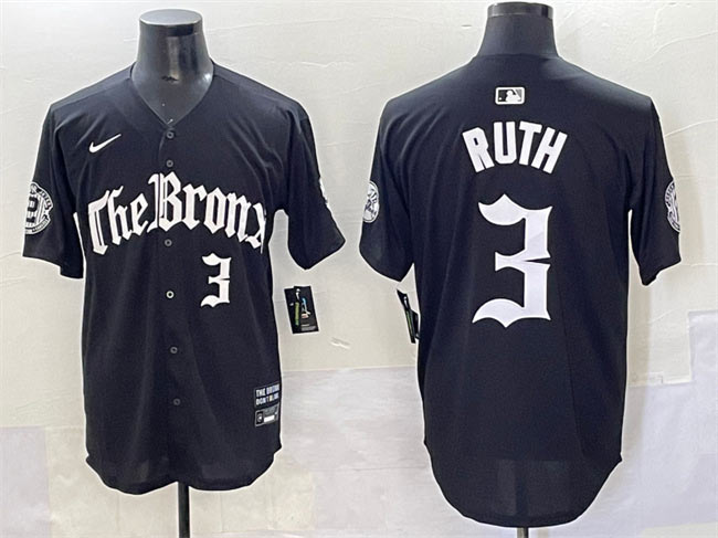 Men's New York Yankees 3 Babe Ruth Black 'Gothic Legacy Edition' Vapor Premier Limited Stitched Baseball Jersey