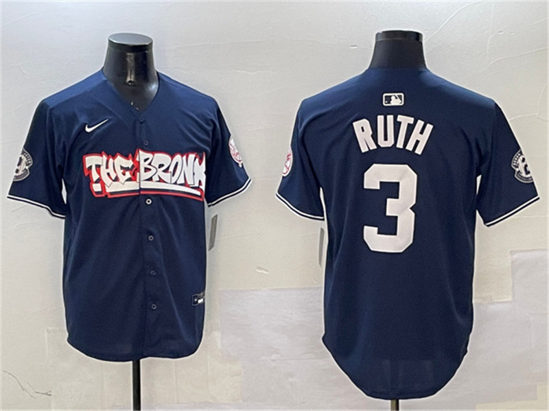 Men's New York Yankees 3 Babe Ruth Navy Bronx Graffiti Vapor Limited Stitched Baseball Jersey