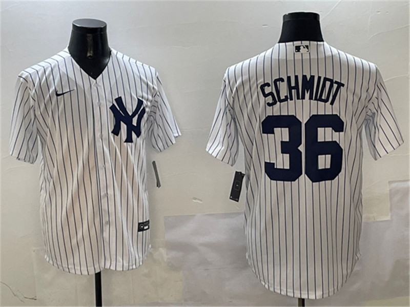Men's New York Yankees 36 Clarke Schmidt White Cool Base Stitched Baseball Jersey
