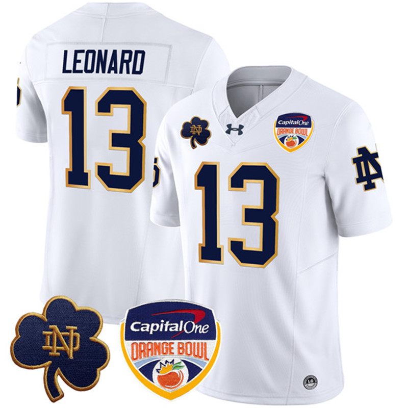 Men's Notre Dame Fighting Irish 13 Riley Leonard White F.U.S.E. 2024 Orange Bowl Patch Limited Stitched Football Jersey