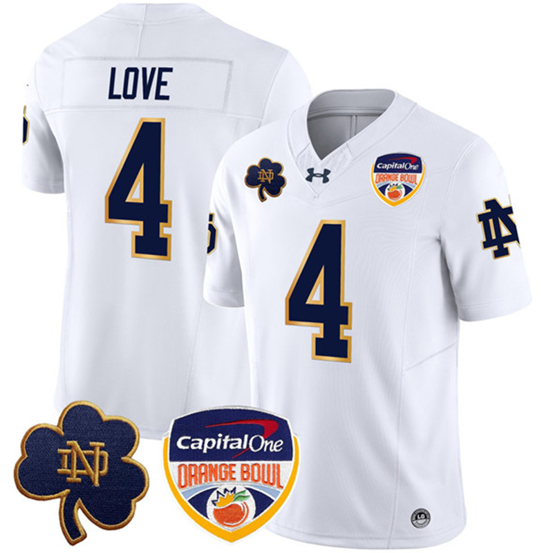 Men's Notre Dame Fighting Irish 4 Jeremiyah Love White F.U.S.E. 2024 Orange Bowl Patch Limited Stitched Football Jersey