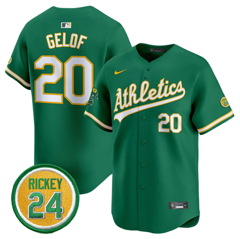 Men's Oakland Athletics 20 Zack Gelof Green 2024 Limited With Rickey Henderson Patch Stitched Jersey