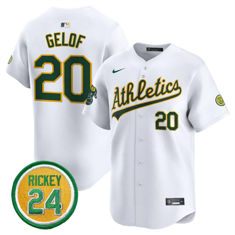 Men's Oakland Athletics 20 Zack Gelof White 2024 Home Limited With Rickey Henderson Patch Stitched Jersey